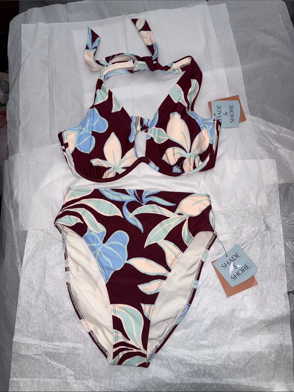 Shade & Shore Burgundy Floral High-Waist Bikini S